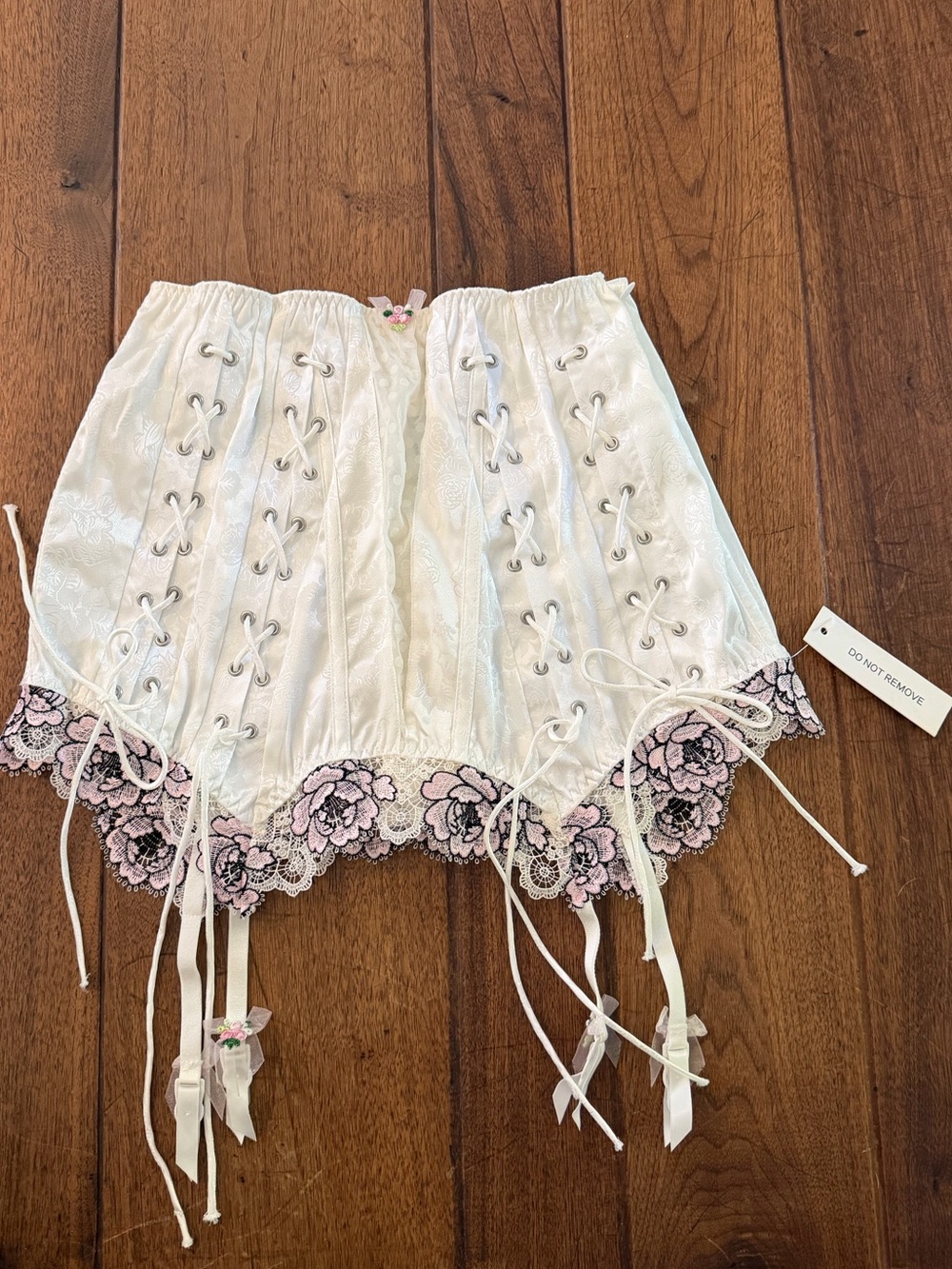 For Love & Lemons White Corset-Style Mini Skirt with Pink Floral Lace